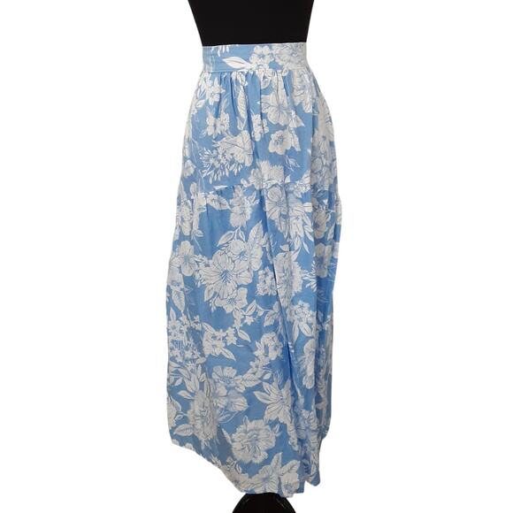 C&C California 100% Linen Maxi Skirt Set Blue Floral Crop Top Drop Shoulder Sz L - Picture 7 of 13